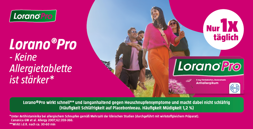 Menschen genießen die Sonne. Lorano Pro Packung. Text: Keine Allergietablette ist stärker.