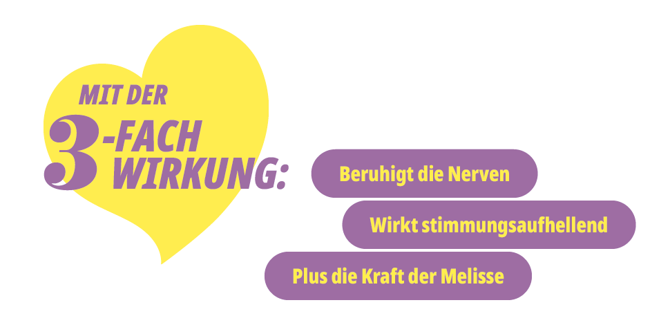 Gelber Hintergrund mit Text: Mit der 3-fach Wirkung: Beruhigt die Nerven, wirkt stimmungsaufhellend, plus die Kraft der Melisse.
