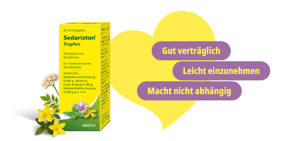Gelber Hintergrund mit Text: Gut verträglich, leicht einzunehmen, macht nicht abhängig. Sedariston Tropfen.