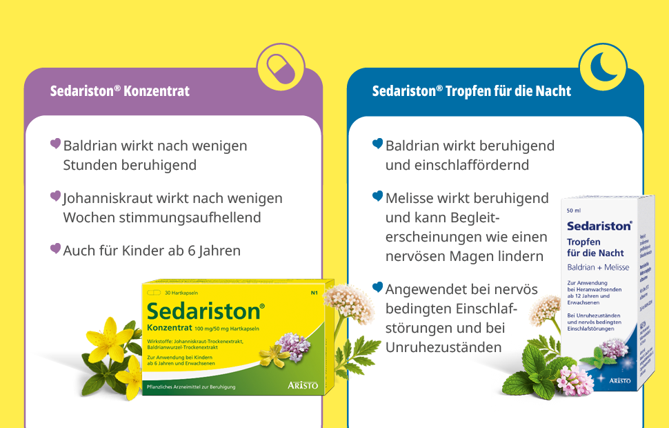 Sedariston Konzentrat und Tropfen für die Nacht. Text: Baldrian wirkt beruhigend, Johanniskraut stimmungsaufhellend, Melisse beruhigend.