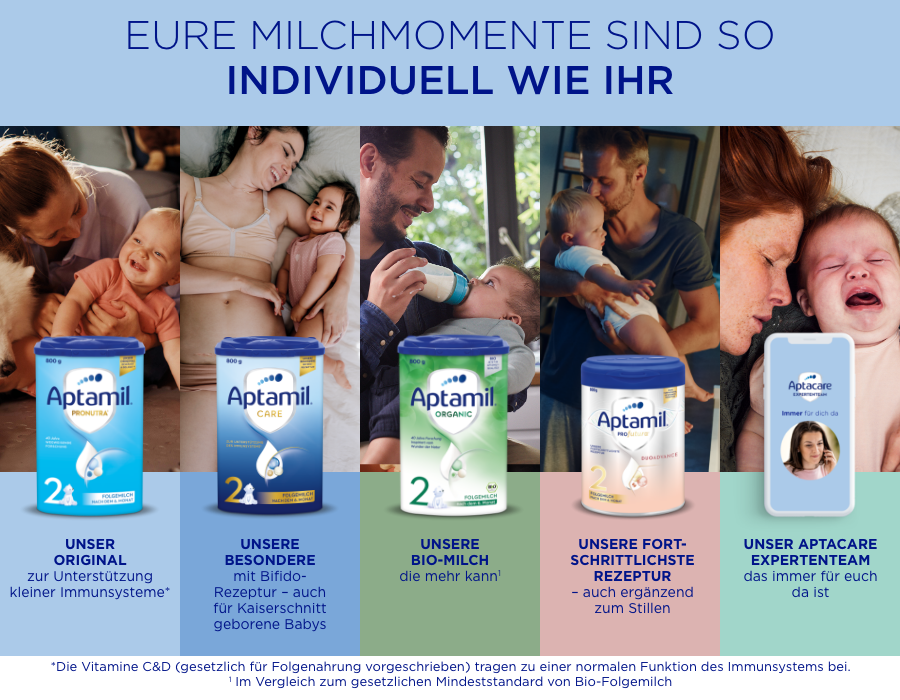 Mehrere Bilder von Babys und Eltern mit Aptamil-Produkten. Produkte: Pronutra 2, Care 2, Organic 2, Profutura 2. Text: Eure Milchmomente sind so individuell wie ihr.
