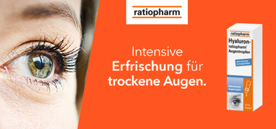 Nahaufnahme eines Auges. Text: Bei trockenen, gereizten oder brennenden Augen.