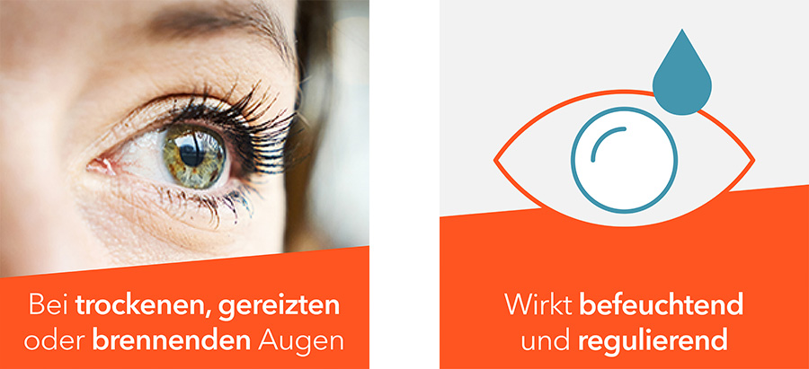 Grafiken: Augen, Tropfen, Kontaktlinsen, Kolben. Texte: Bei trockenen Augen, wirkt befeuchtend, für Kontaktlinsenträger, frei von Konservierungsmitteln.