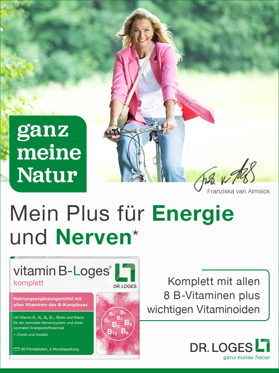 Text B-Vitamine: Kleine Helden mit großer Bedeutung und rosa Pulverwolke.