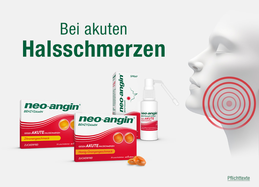Werbefläche mit Person und neo-angin Produkten. Text: Bei akuten Halsschmerzen. Tabletten und Spray. Text: Honig-Orangengeschmack.