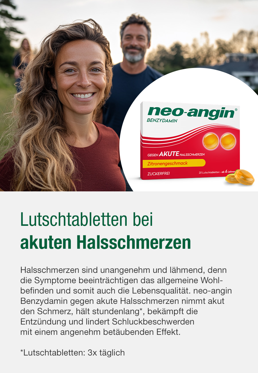 Paar lächelt. neo-angin Packung. Gegen akute Halsschmerzen. Zitrone, zuckerfrei. Lutschtabletten.