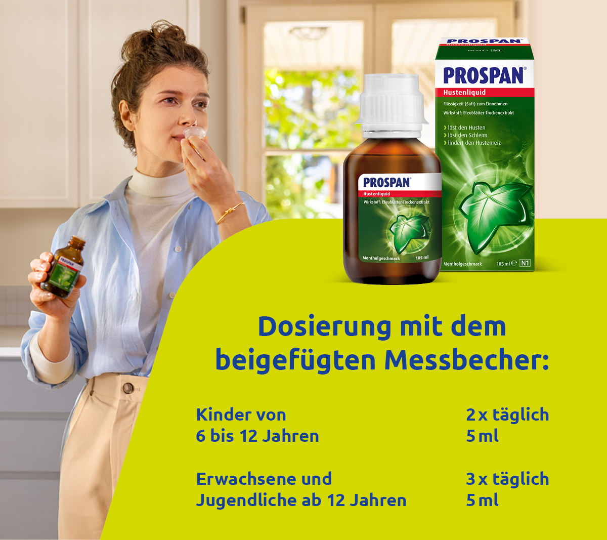 Frau mit Taschentuch. Prospan Hustenliquid und Messbecher. Text: Dosierung mit Messbecher.