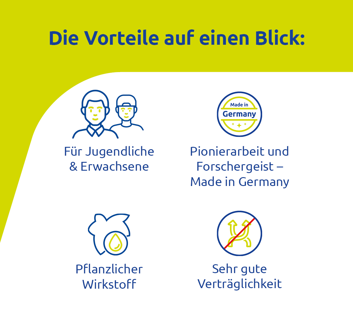 Grafik mit Icons. Text: Für Jugendliche & Erwachsene, Pionierarbeit, pflanzlicher Wirkstoff, sehr gute Verträglichkeit.