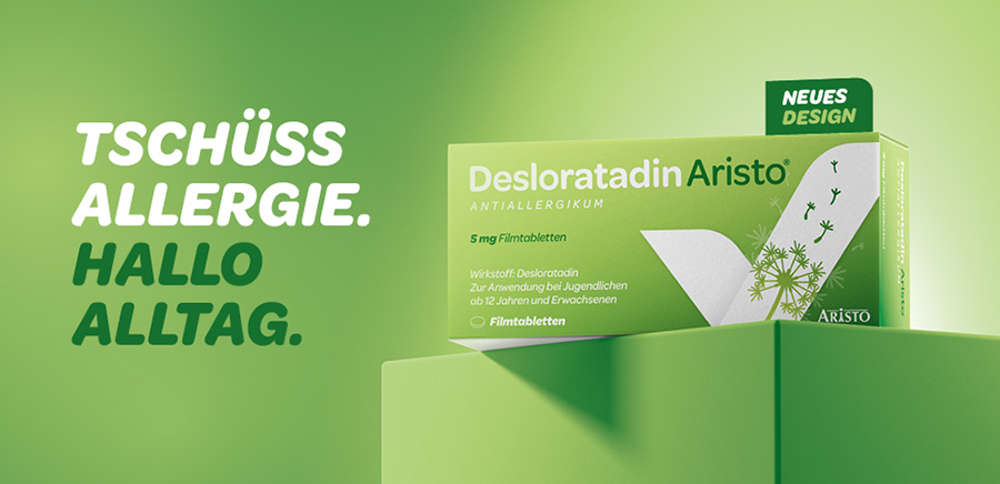 Grüne Szene mit Desloratadin Aristo-Schachtel. Text: Tschüss Allergie. Hallo Alltag.