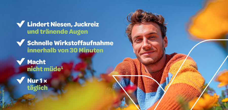 Mann im Blumenfeld. Text: Lindert Niesen, Juckreiz, tränende Augen. Macht nicht müde.