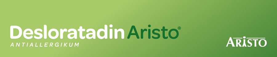 Logo Desloratadin Aristo. Text: Antiallergikum. Aristo-Logo.