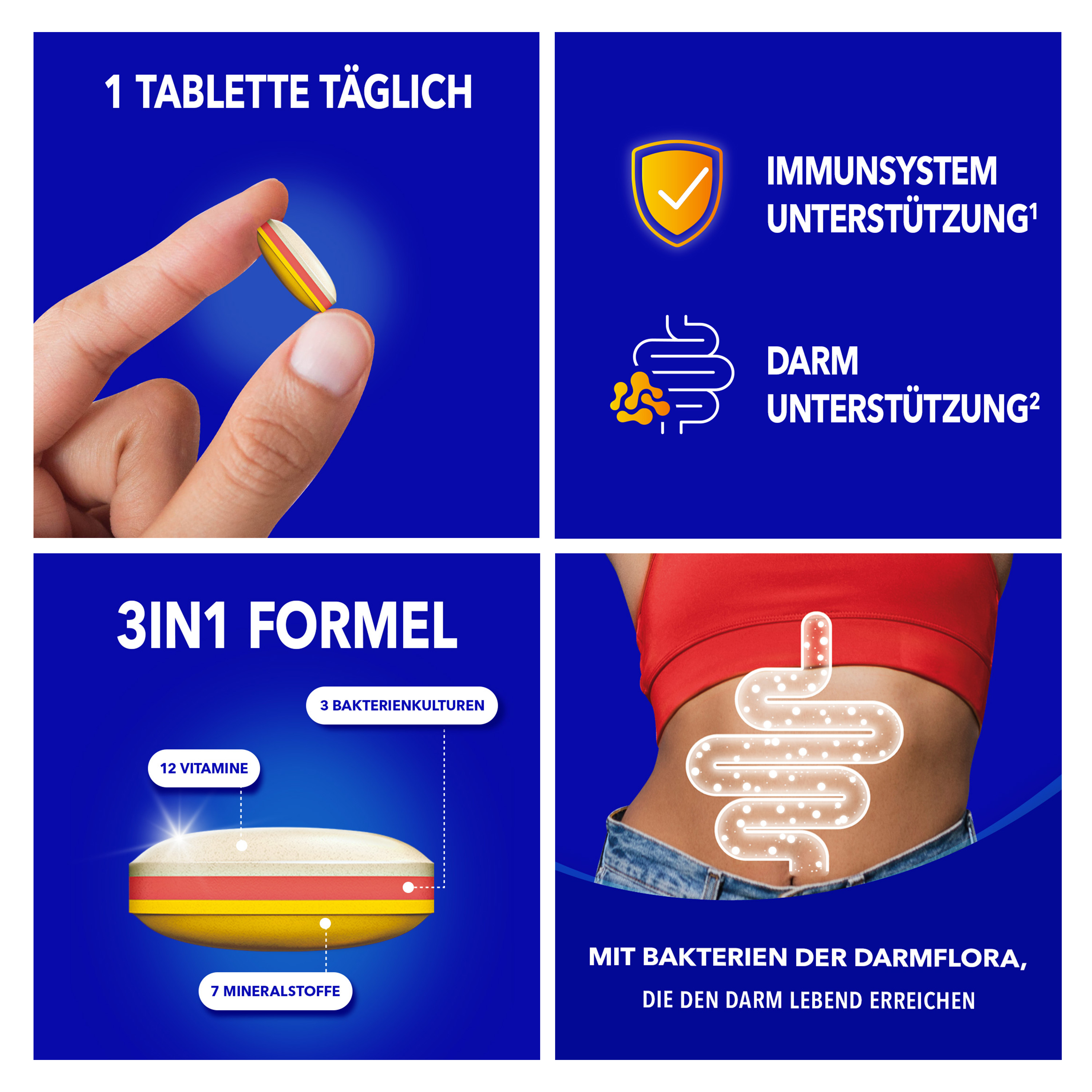 Bilderreihe: Tablette, 3in1 Formel, Grafiken, Darm. Bion3 Immun. Texte.