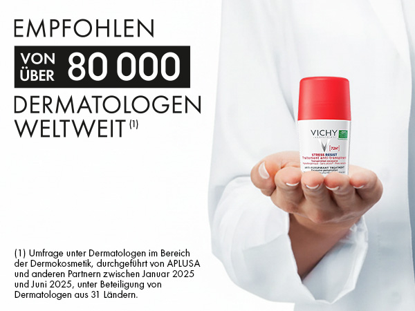 Vichy Deo Roll-on mit rotem Deckel. Text: Klinisch erprobt, 72h Anti-Transpirant.