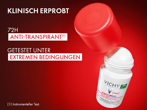 Mann mit Schnurrbart, der sich dehnt. Text: Bis zu 72h Stress-resistent.