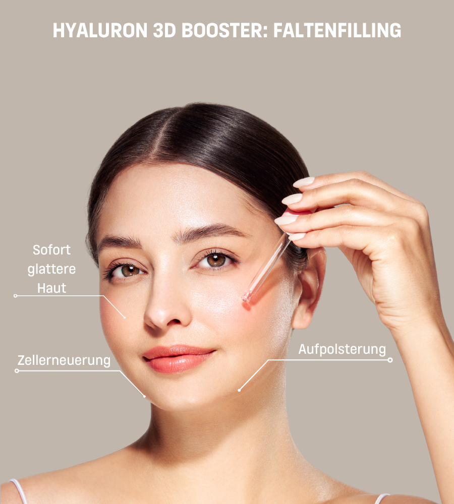 Frau mit Pipette und EUBOS Hyaluron 3D Booster, Faltenfüllung.