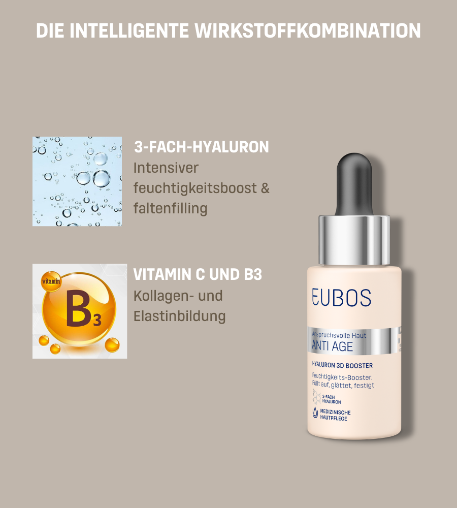 EUBOS Hyaluron 3D Booster: 3-fach Hyaluron, Vitamin C und B3.