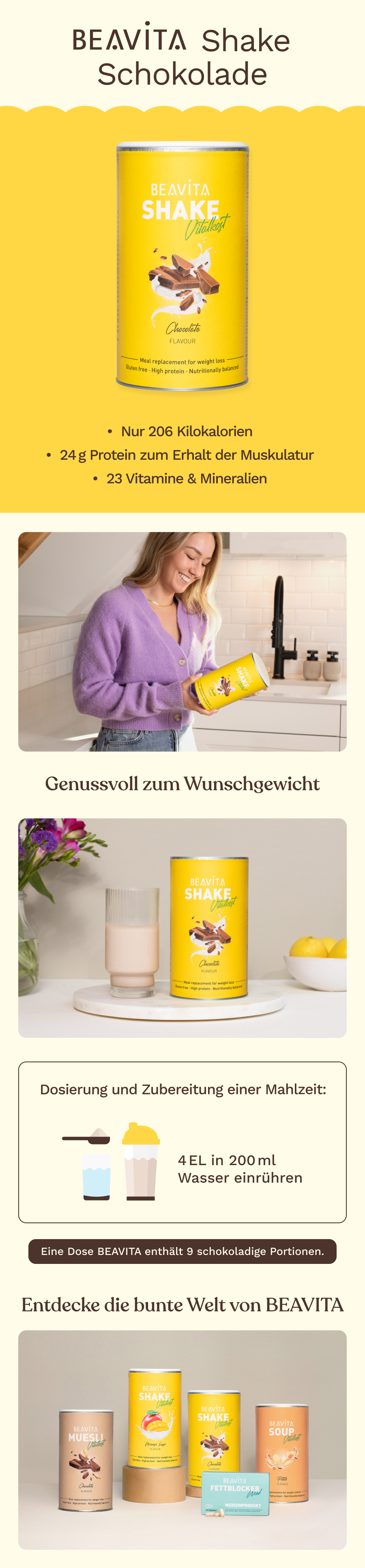 BEAVITA Vitalkost Diät-Shake, Schokolade. Gelbe Dose mit Schokoladenabbildung und Text.