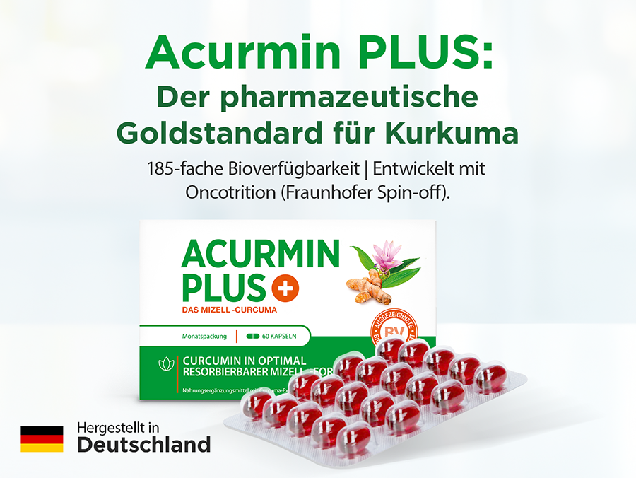 Acurmin PLUS® Packung und Kapseln. 185-fache Bioverfügbarkeit. Hergestellt in Deutschland.