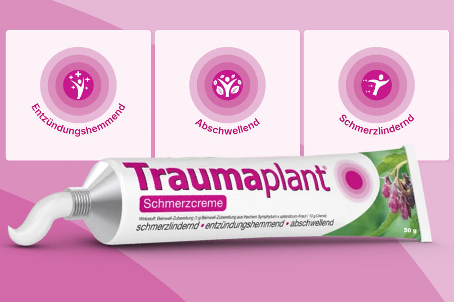 Traumaplant Schmerzcreme Tube mit Symbolen für entzündungshemmend, abschwellend, schmerzlindernd.