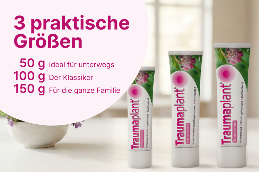 Mann hält Traumaplant Schmerzcreme, Text: Gestürzt, gestoßen, geschrammt...