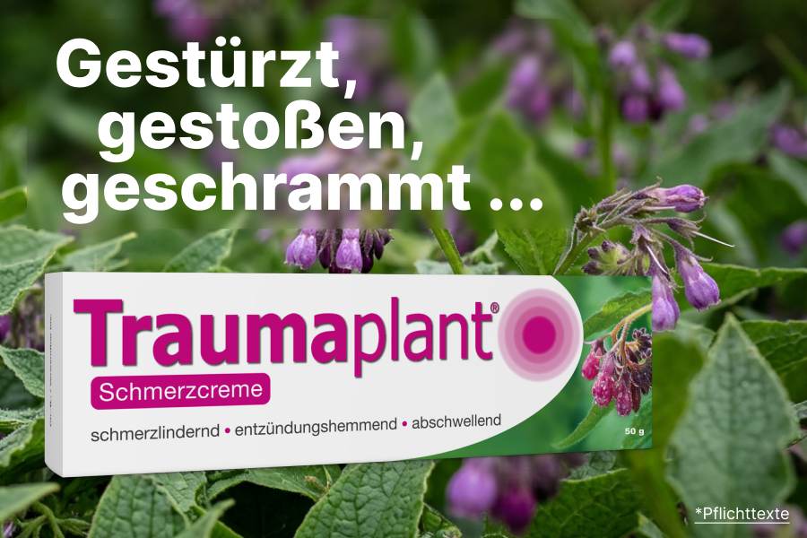 Traumaplant Schmerzcreme Tube mit Blütenmotiv und 50g Angabe.