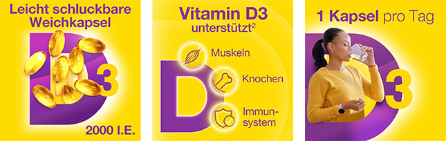 Drei Bilder nebeneinander: Weichkapseln, Vitamin D3 unterstützt Muskeln, Knochen, Immunsystem, 1 Kapsel pro Tag.