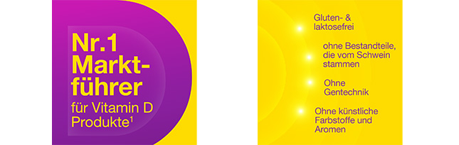 Zwei Bilder nebeneinander: Nr. 1 Marktführer für Vitamin D Produkte, Gluten- & laktosefrei, ohne Gentechnik.