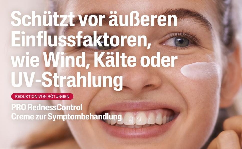 Frau mit Creme im Gesicht. Text: Schützt vor äußeren Einflussfaktoren, wie Wind, Kälte oder UV-Strahlung.