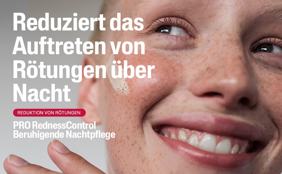 Nahaufnahme eines Gesichts. Text: Reduziert das Auftreten von Rötungen über Nacht.
