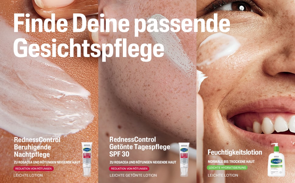 Drei Gesichter. Text: Finde Deine passende Gesichtspflege. Produkte: Nachtpflege, Tagespflege, Feuchtigkeitslotion.