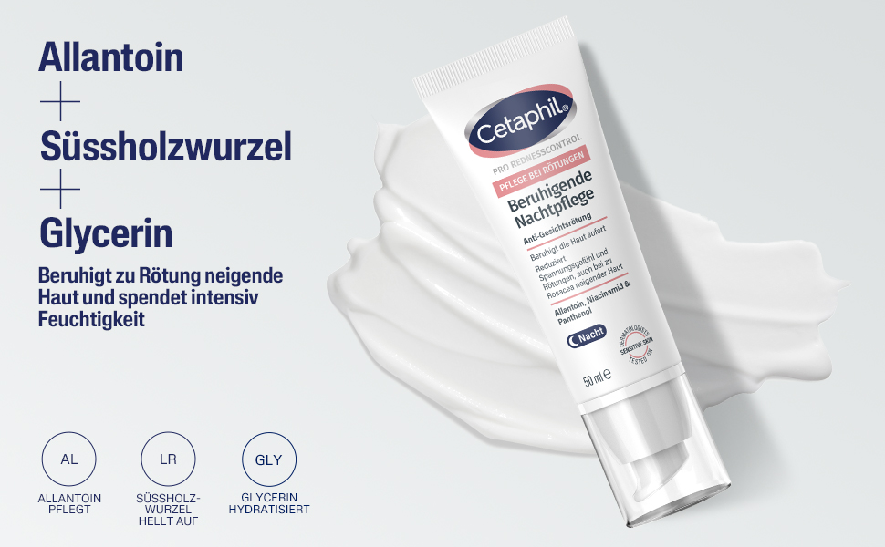 Cetaphil PRO Redness Control Nachtpflege mit Allantoin, Süßholzwurzel und Glycerin.