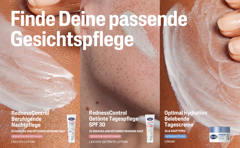 Vergleich von Cetaphil Gesichtscremes: Nachtpflege, getönte Tagespflege, Feuchtigkeitscreme.
