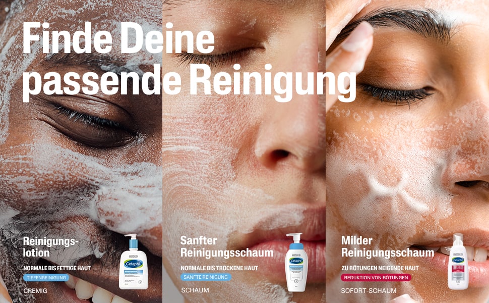 Drei Gesichter mit Schaum. Text: Finde Deine passende Reinigung. Reinigungslotion, Schaum, Sofort-Schaum.