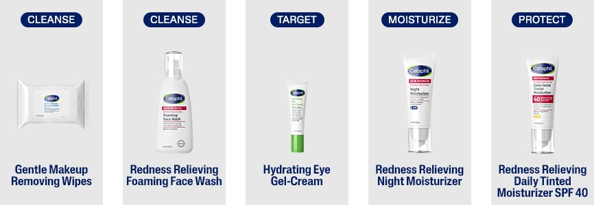 Reinigungsprodukte: Reinigungstücher, Reinigungsschaum, Gel-Creme, Nachtcreme, getönte Tagespflege.
