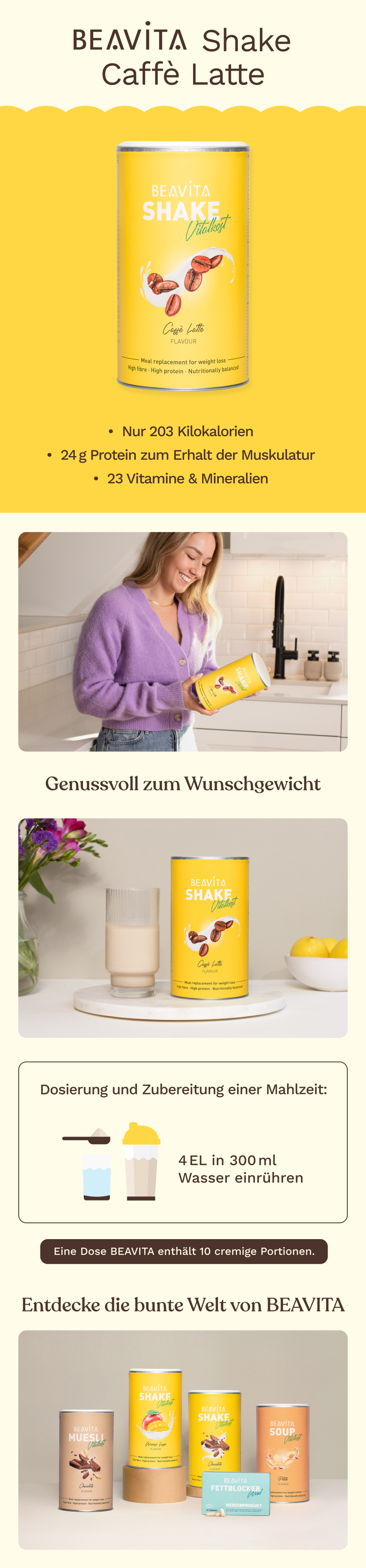 BEAVITA Vitalkost Shake Caffè Latte Dose, Zubereitung und weitere Produkte.
