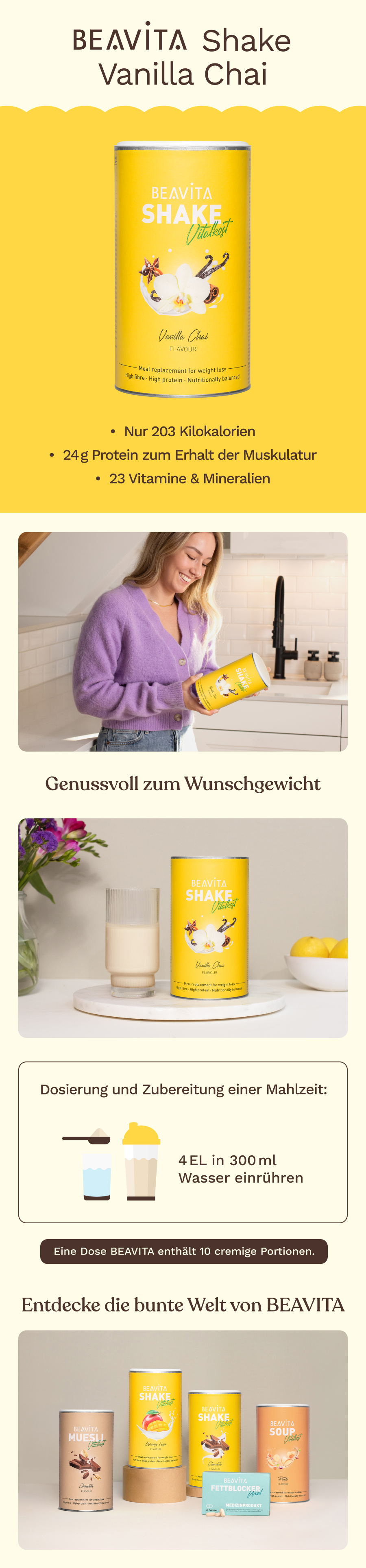BEAVITA Shake Vitalkost Dose neben einem Glas zubereitetem Shake, Zimtstangen und Sternanis.
