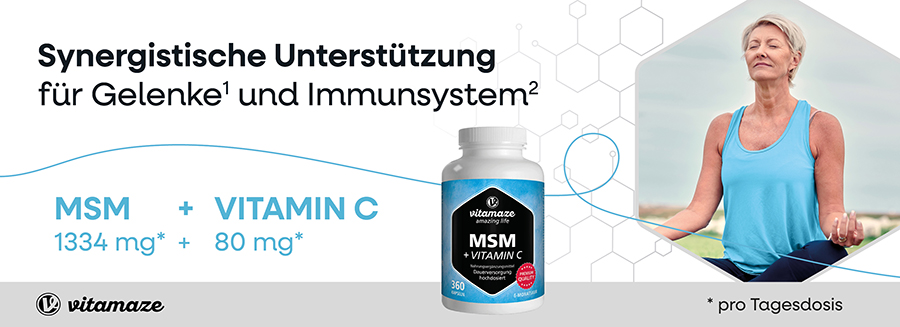 Frau meditiert. Flasche MSM + Vitamin C. Text: Synergistische Unterstützung für Gelenke und Immunsystem. Vitamaze Logo.