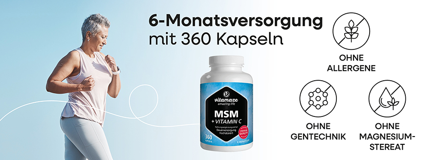 Frau joggt. Flasche MSM + Vitamin C. Text: 6-Monatsversorgung mit 360 Kapseln. Ohne Allergene, Gentechnik, Magnesiumstearat.