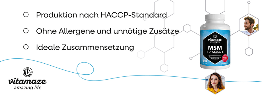 Text: Produktion nach HACCP-Standard, Ohne Allergene und unnötige Zusätze, Ideale Zusammensetzung. Vitamaze Logo. Flasche MSM + Vitamin C.