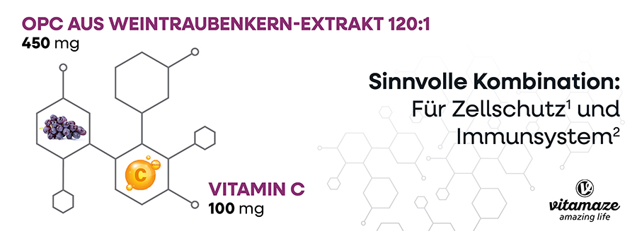 Flasche mit MACA + L-Arginin. Text: Produktion nach HACCP-Standard, ohne Allergene, ideale Zusammensetzung. Vitamaze Logo.