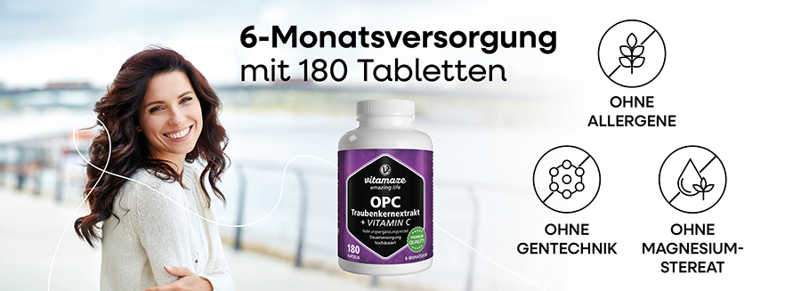 Frau rennt. Flasche mit MACA + L-Arginin. Text: 240 Kapseln für 2-Monatsversorgung. Ohne Allergene, etc. Vitamaze Logo.