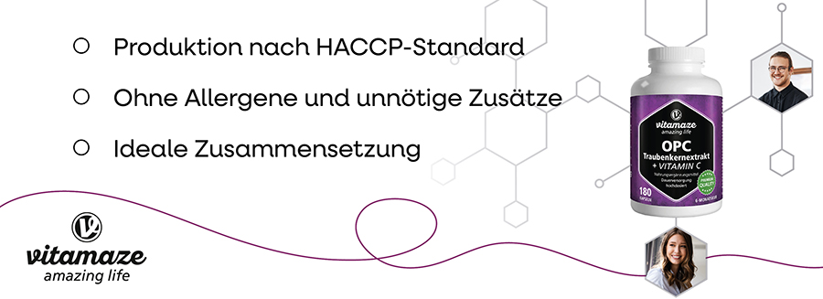 Flasche mit MACA + L-Arginin. Text: Produktion nach HACCP-Standard, ohne Allergene, ideale Zusammensetzung. Vitamaze Logo.