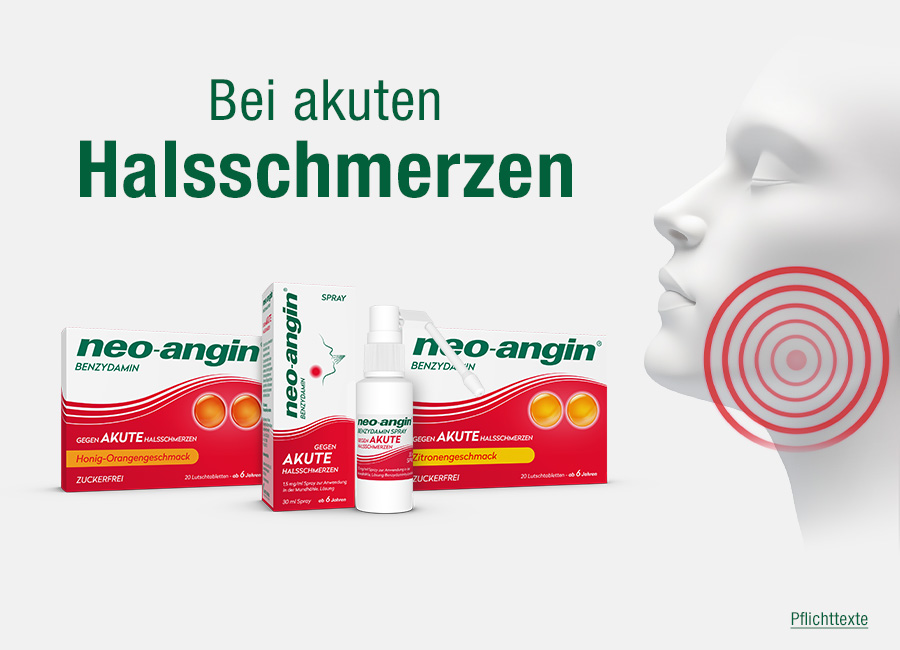 neo-angin Produkte. Text: Bei akuten Halsschmerzen. Verpackungen, Spray und Tabletten.