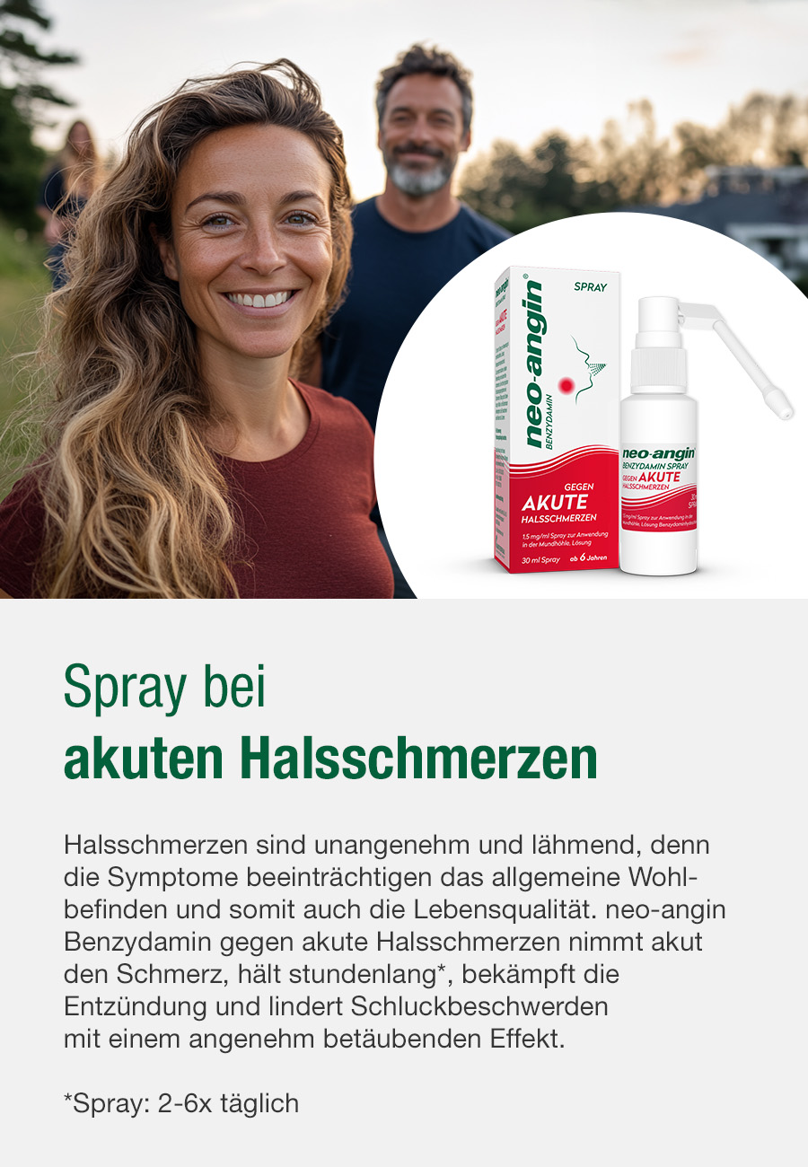 neo-angin Benzydamin Spray und Text. Mann und Frau im Hintergrund. Spray und Text.