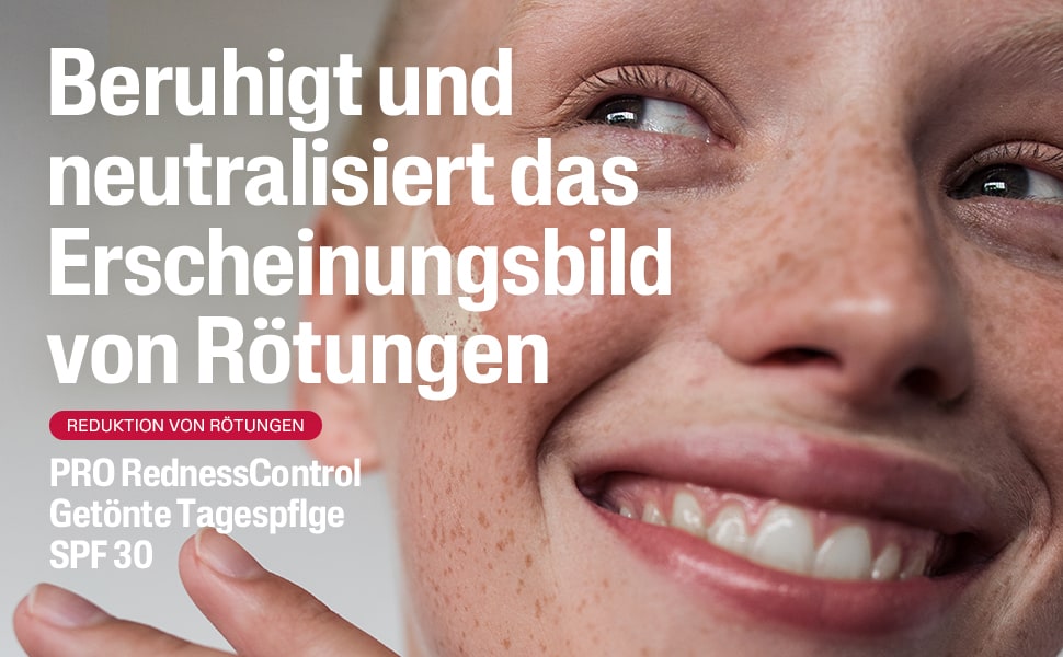 Gesicht einer Frau mit getönter Tagespflege. Text: Beruhigt und neutralisiert das Erscheinungsbild von Rötungen.