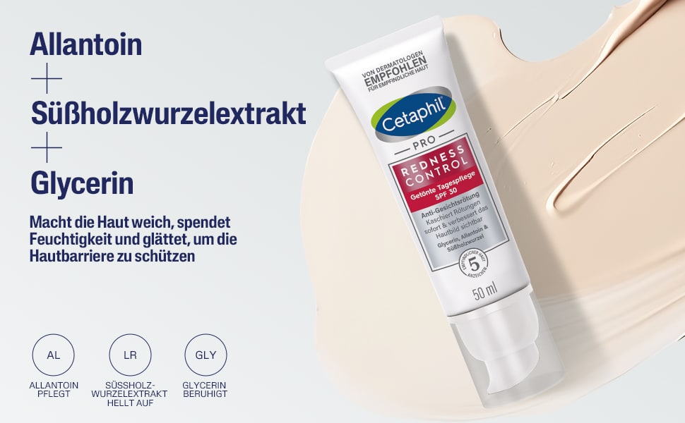 Nahaufnahme von Creme. Text: Allantoin, Süßholzwurzelextrakt, Glycerin. Macht die Haut weich, spendet Feuchtigkeit.