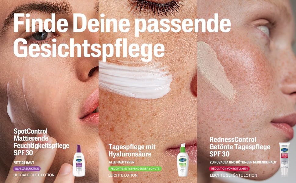 Drei Gesichter. Text: Finde Deine passende Gesichtspflege. SpotControl, Tagespflege mit Hyaluronsäure, RednessControl.