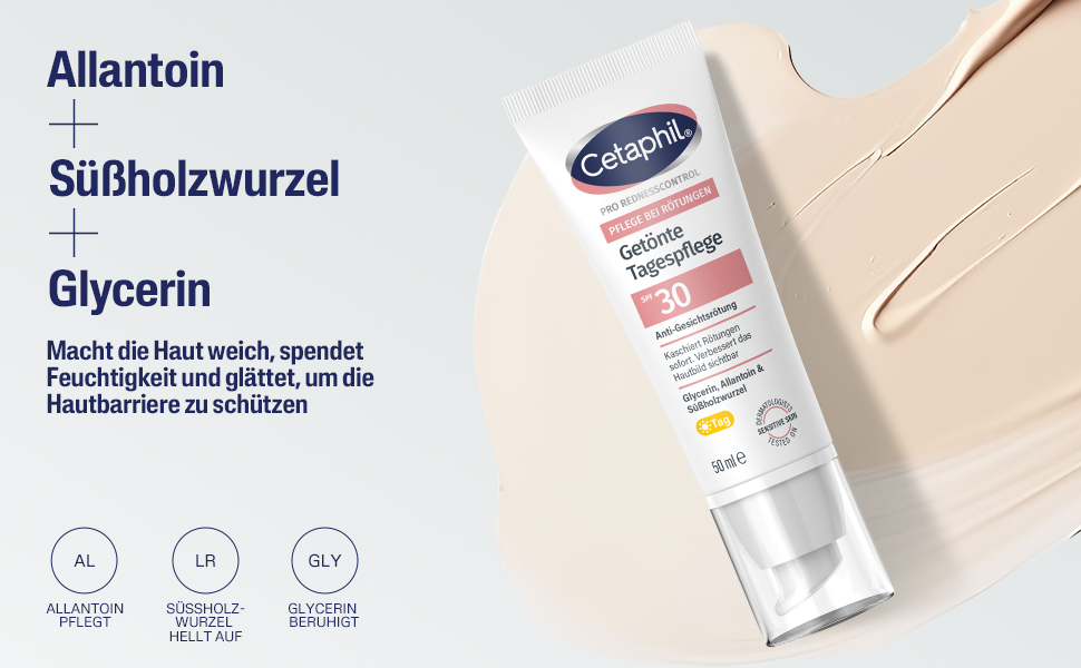 Nahaufnahme von Creme. Text: Allantoin, Süßholzwurzelextrakt, Glycerin. Macht die Haut weich, spendet Feuchtigkeit.