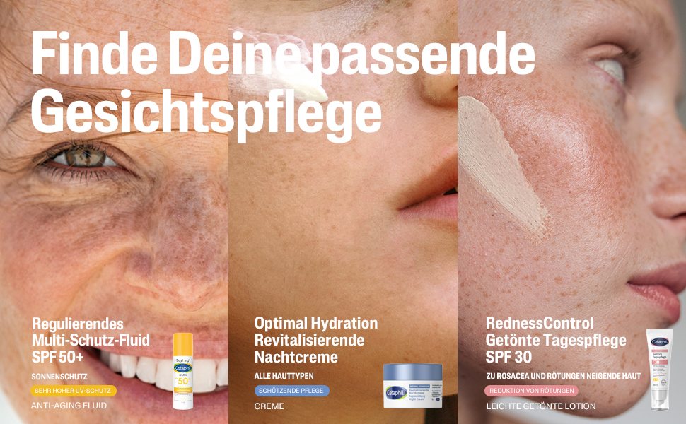 Gesichtspflege-Auswahl. SpotControl, Tagespflege mit Hyaluronsäure, RednessControl getönte Tagespflege.