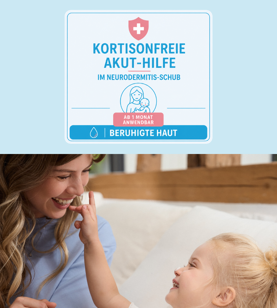 Text: Kortisonfreie Akut-Hilfe im Neurodermitis-Schub. Ab 1 Monat anwendbar.